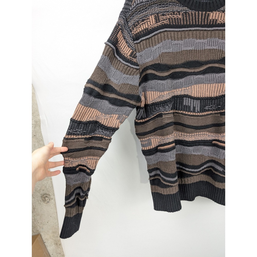 Coogi Style 3D Knit Crewneck Sweater Size M Brown Striped Retro Funky Cottage - Picture 3 of 12